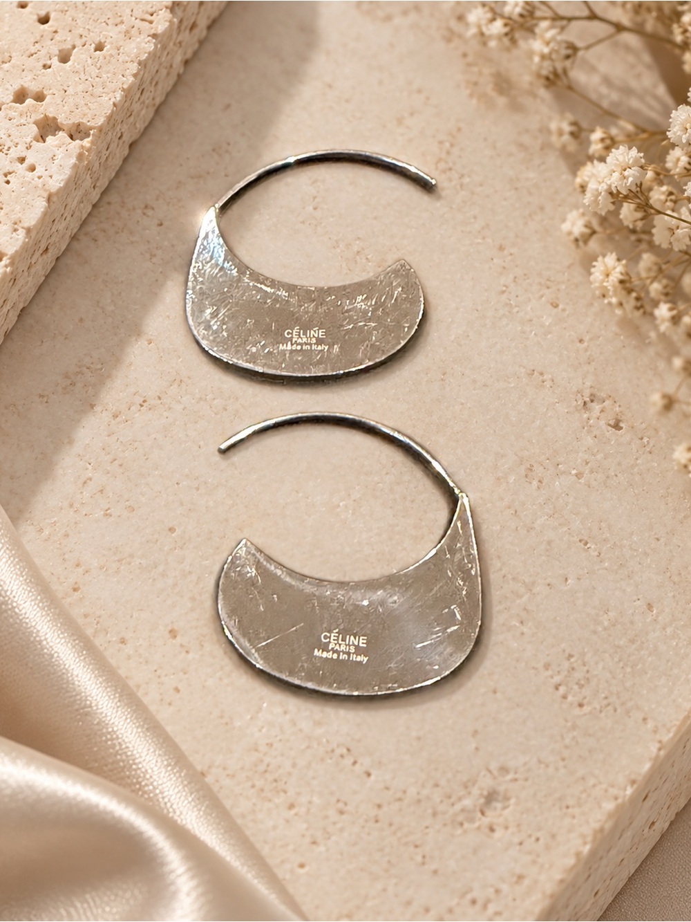 Celine Phoebe Philo Silver-Tone Sculptural Drop Hoop Earrings Made in Italy